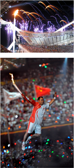 Above: The Olympic Flame at the Opening Ceremony, Athens 2004 Games. Below: Li Ning, a Chinese gymnast, lit the Olympic Flame during the opening ceremony of the 2008 Summer Olympics after 'flying' around the stadium on wires. 