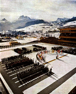 The opening ceremonies of the 1956 Winter Olympics in Cortina d'Ampezzo.